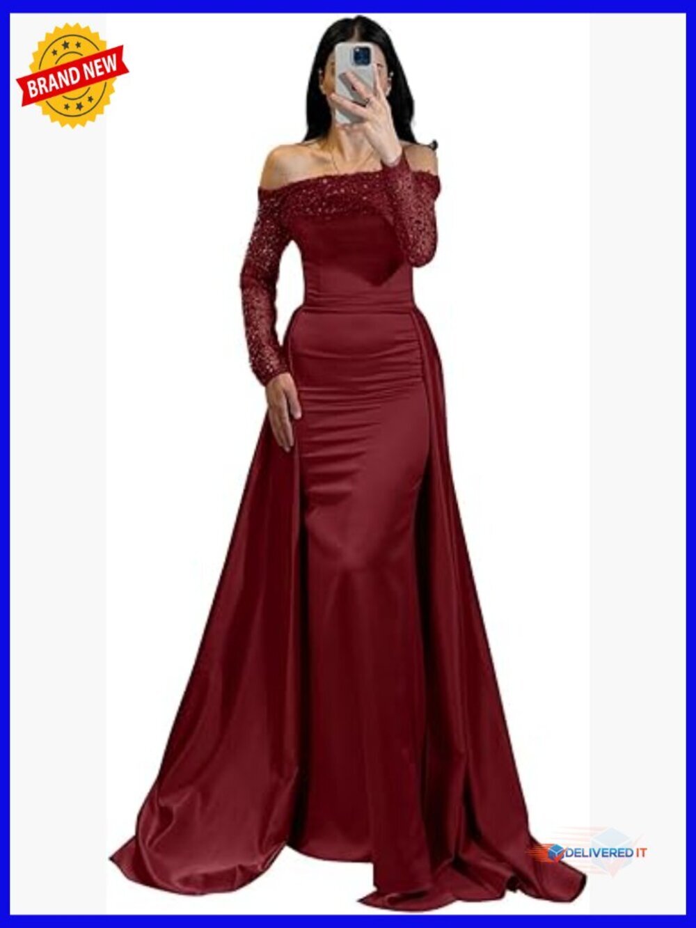 Long Sleeve Mermaid Prom Dress with Detachable Train, Satin Sequin